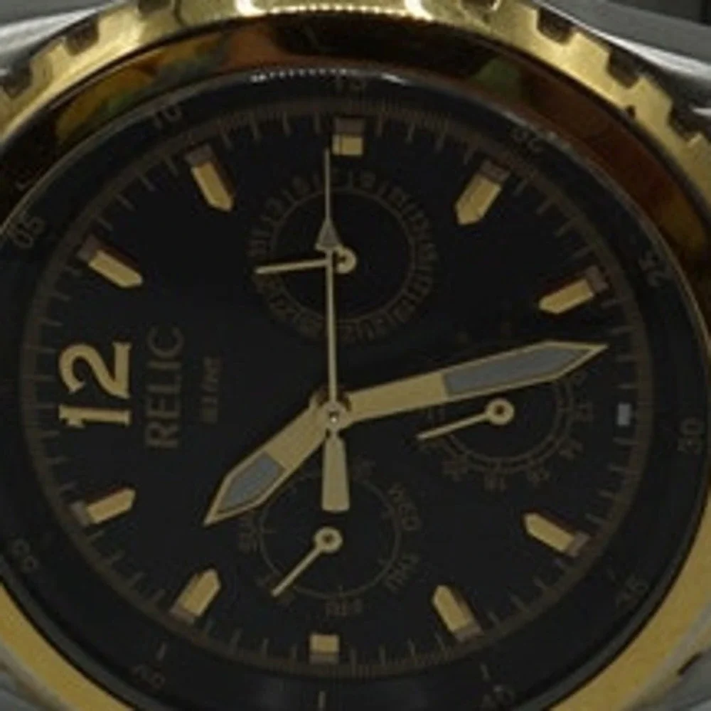 Relic Mens Two Tone Silver Gold Watch Black Dial Multi Function‎ Day Date 43mm
